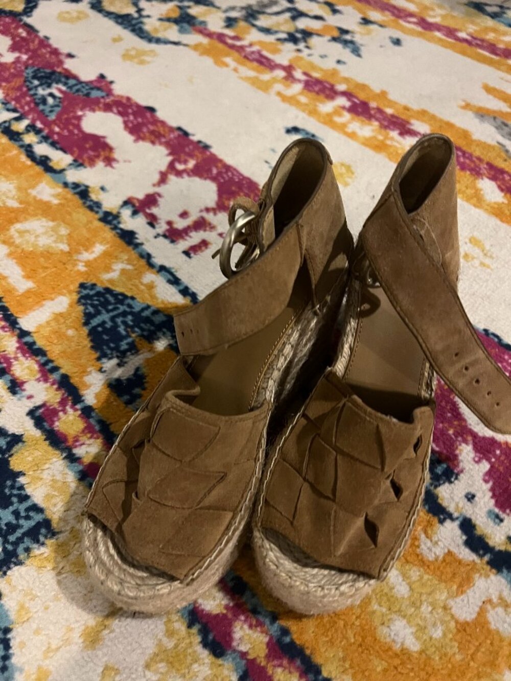 Marc Fisher LTD Tan Suede Espadrille Platform Wedge Sandals Ankle Strap